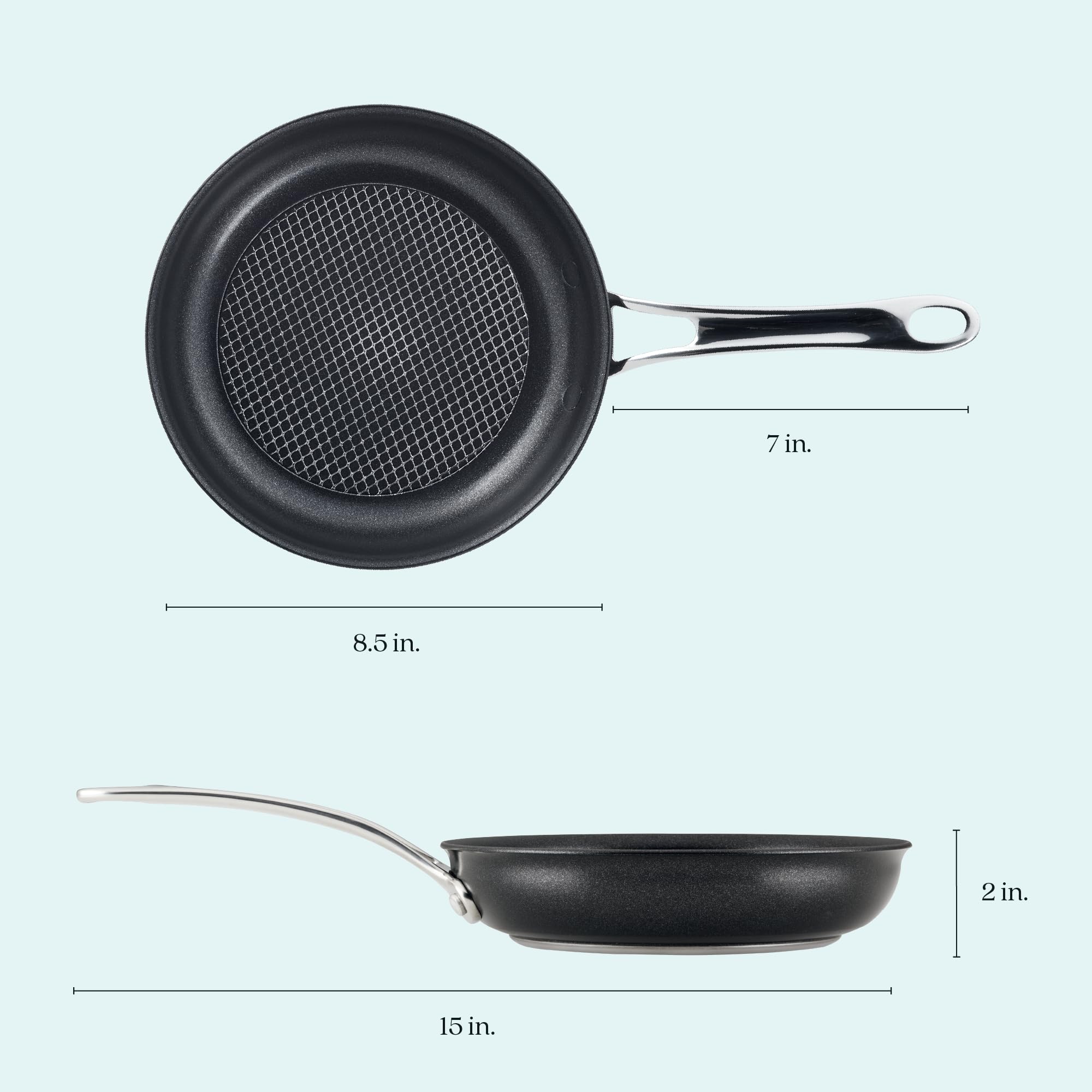 Anolon X next to a spatula to show compact 8.25-inch size for single portions