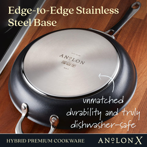 Anolon X searing a steak to show rapid browning and restaurant-style crust