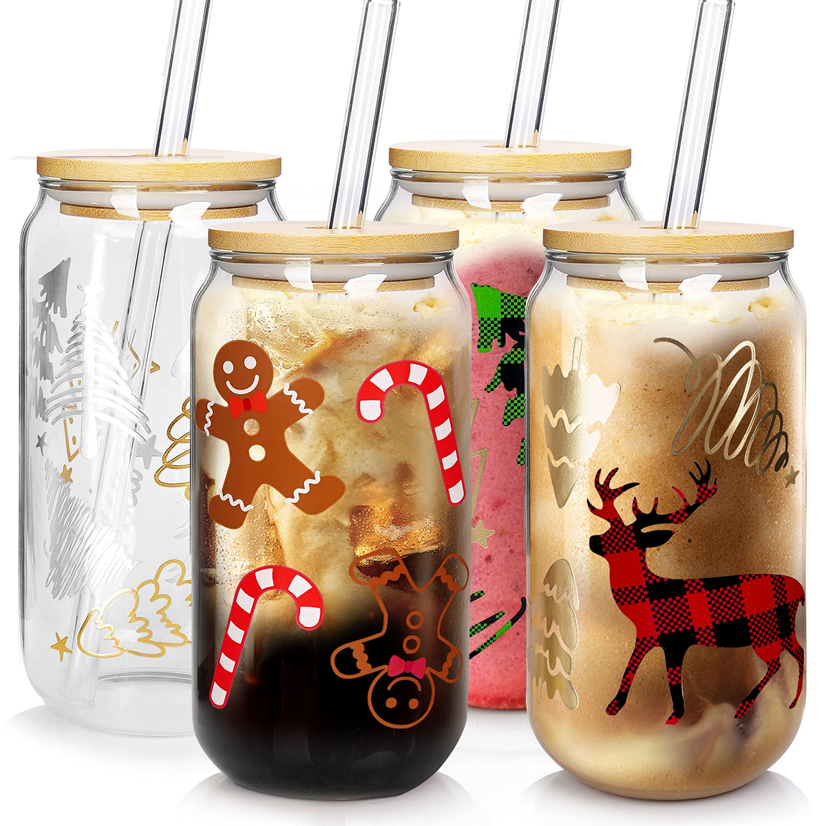 ANOTION front view of four Christmas tumblers showing festive prints and lids, attractive display