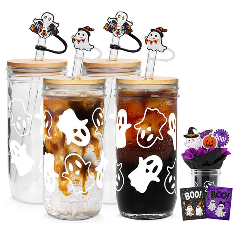 ANOTION front view of ghost mason jar showing festive design and capacity