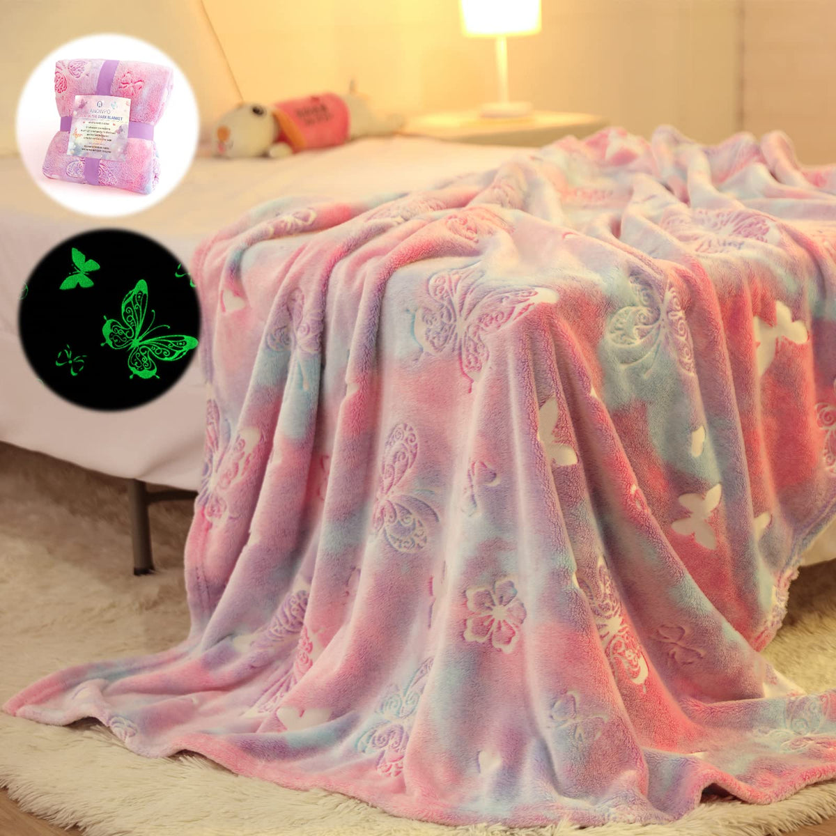 Anowpo front view showing butterfly blanket packaging and cheerful design benefit