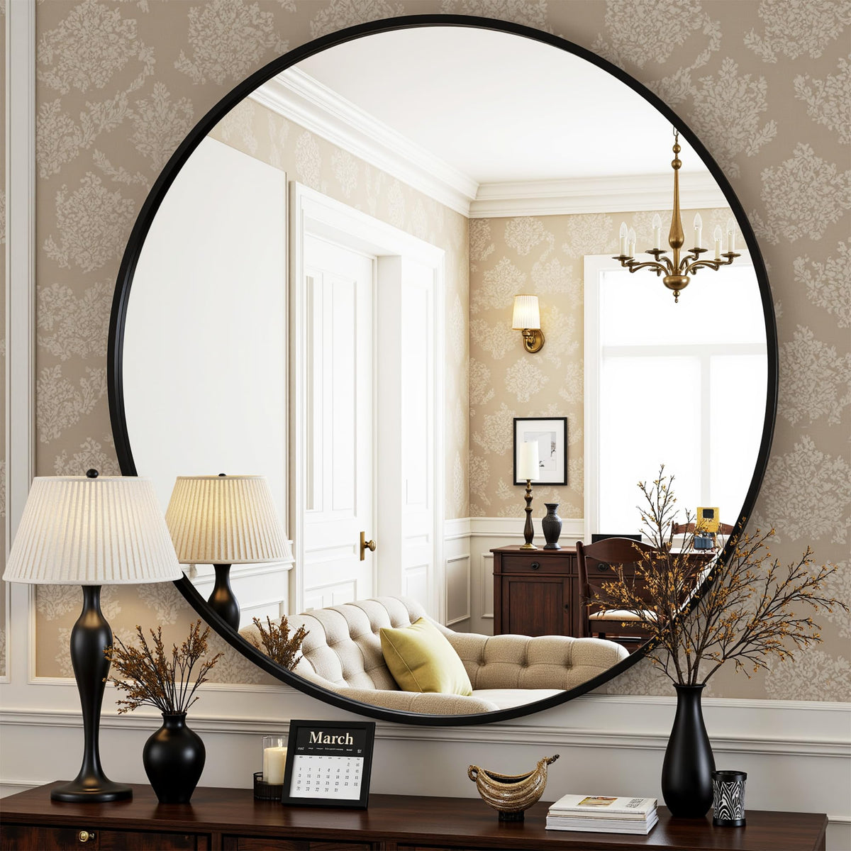 Antok 24-inch round mirror front view showing clear reflection and style