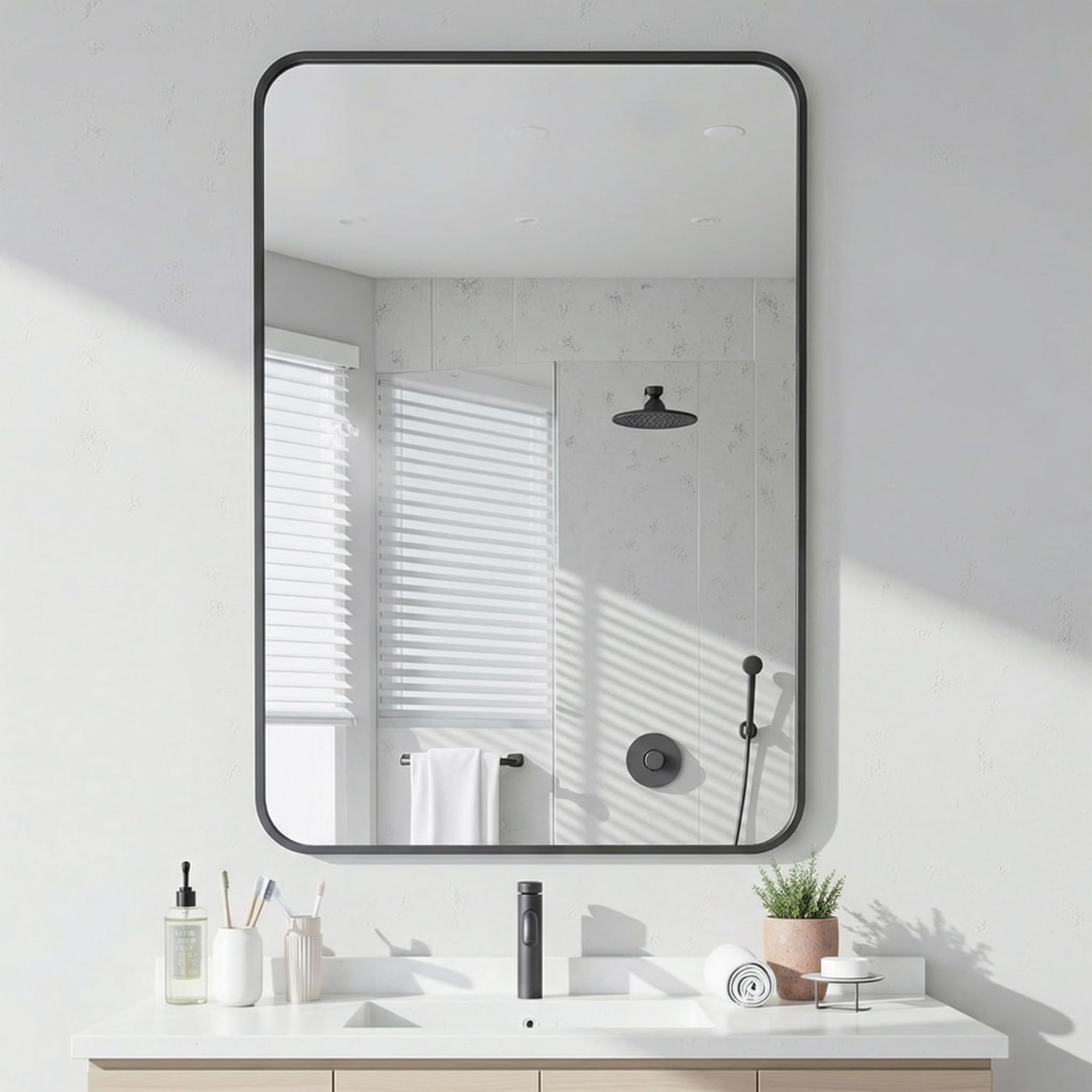 Antok mirror front view showing matte black frame and modern profile for style