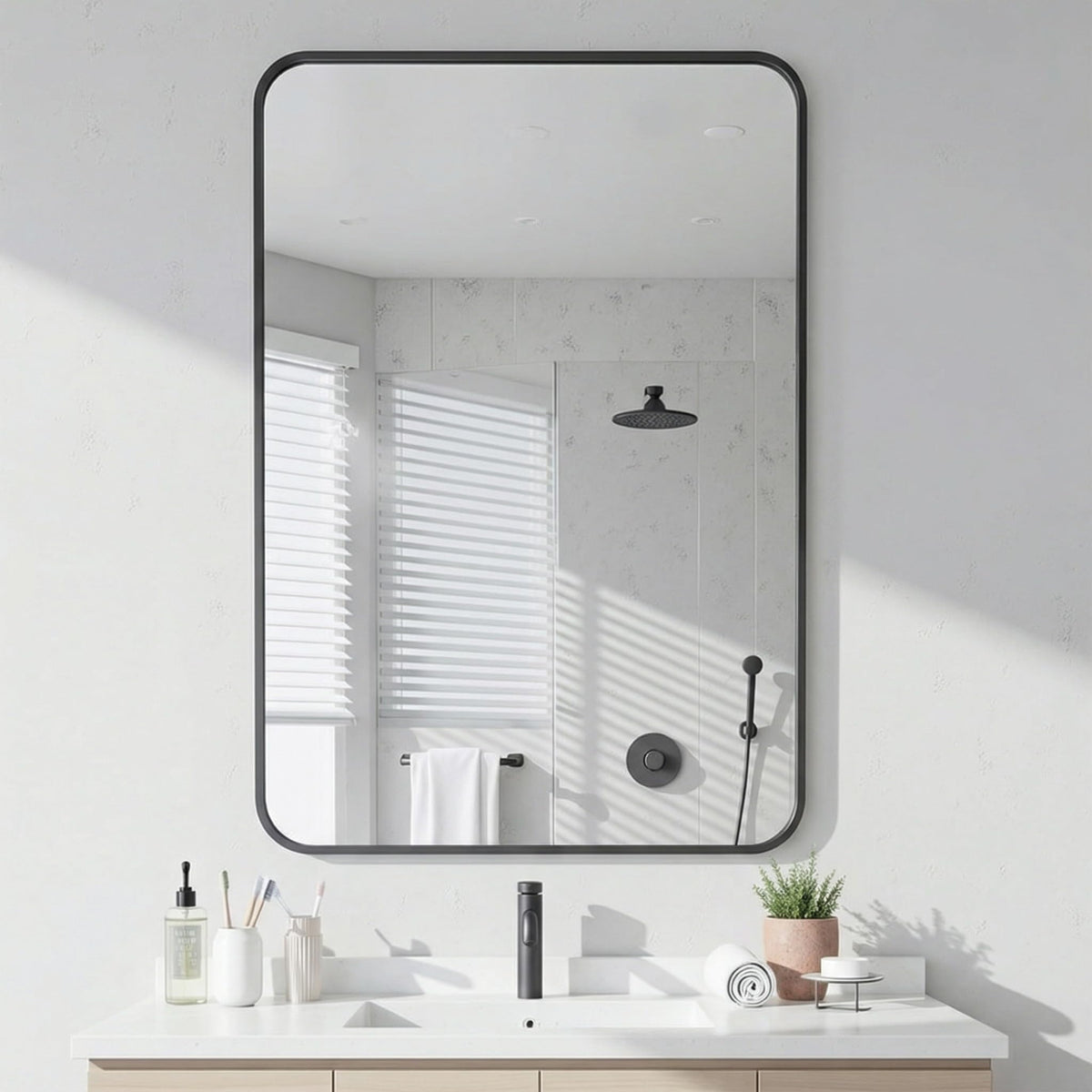 Antok mirror front view showing matte black frame and modern profile for style