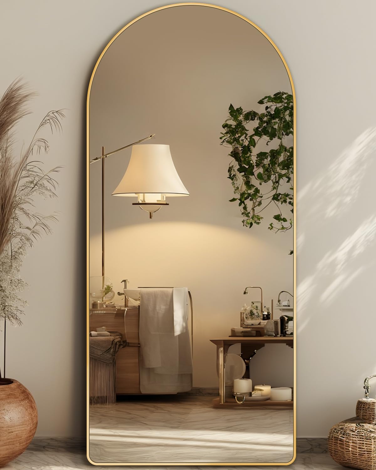 Antok arch full-view gold mirror showing full-length reflection and stylish decor benefit