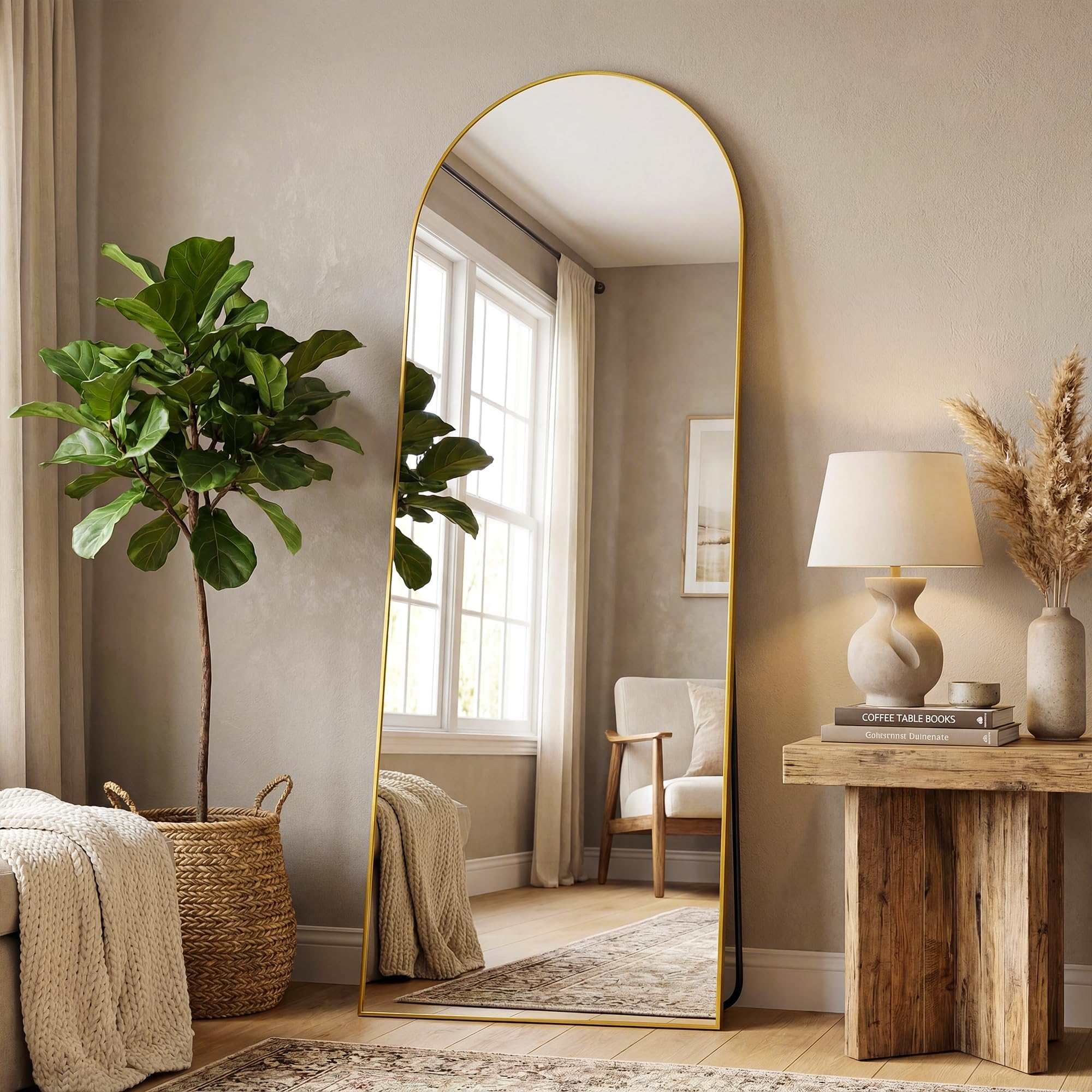 Antok arched full-length mirror front view showing elegant gold frame and full reflection benefit