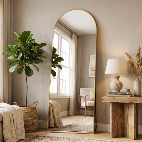 Antok arched full-length mirror front view showing elegant gold frame and full reflection benefit
