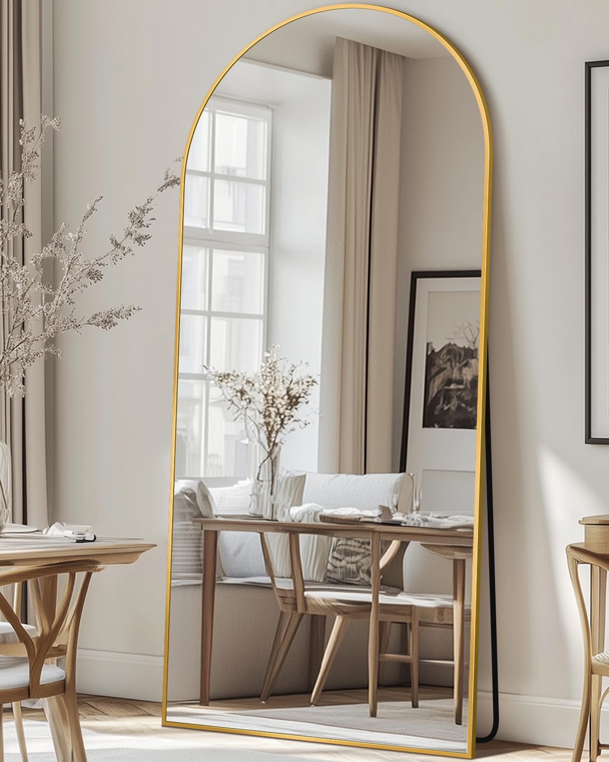 Antok arched full-length mirror front view showing elegant gold frame and full reflection