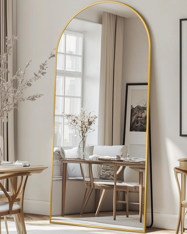 Antok arched full-length mirror front view showing elegant gold frame and full reflection