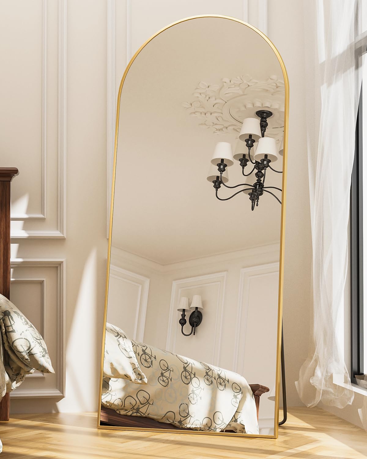 Antok front view showing full arched mirror and gold frame for refined decor