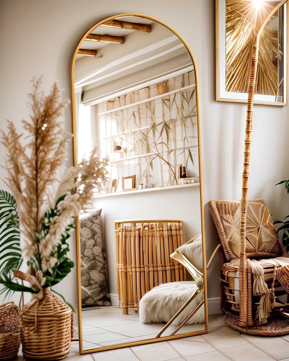 Antok gold arched mirror front view showing full-length reflection and elegant style