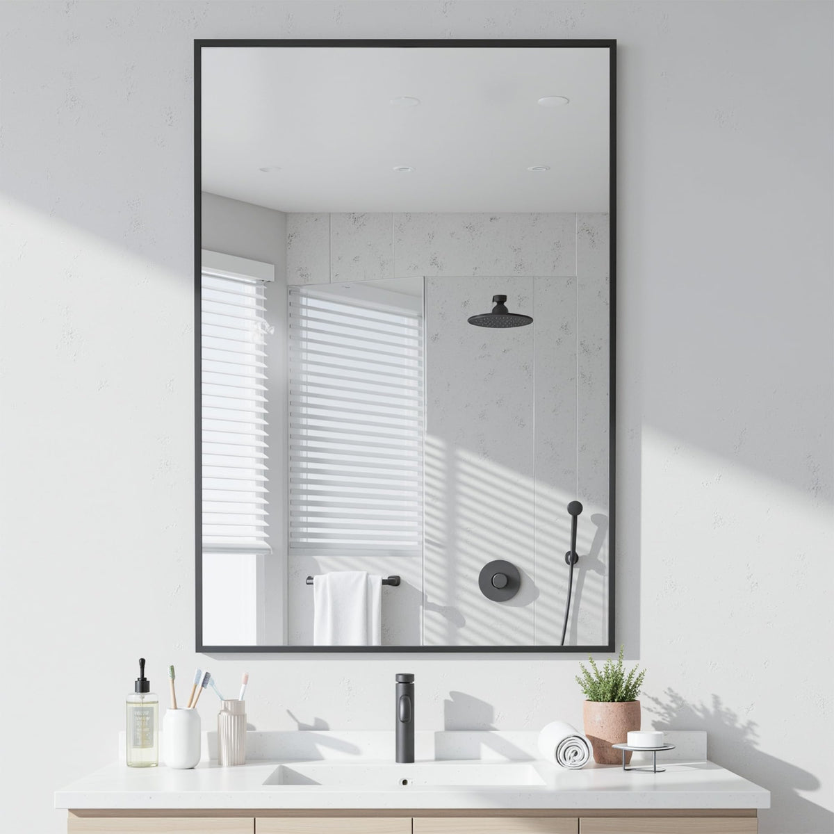 Antok front view of 22x30 mirror showing sleek frame and clear reflection benefit