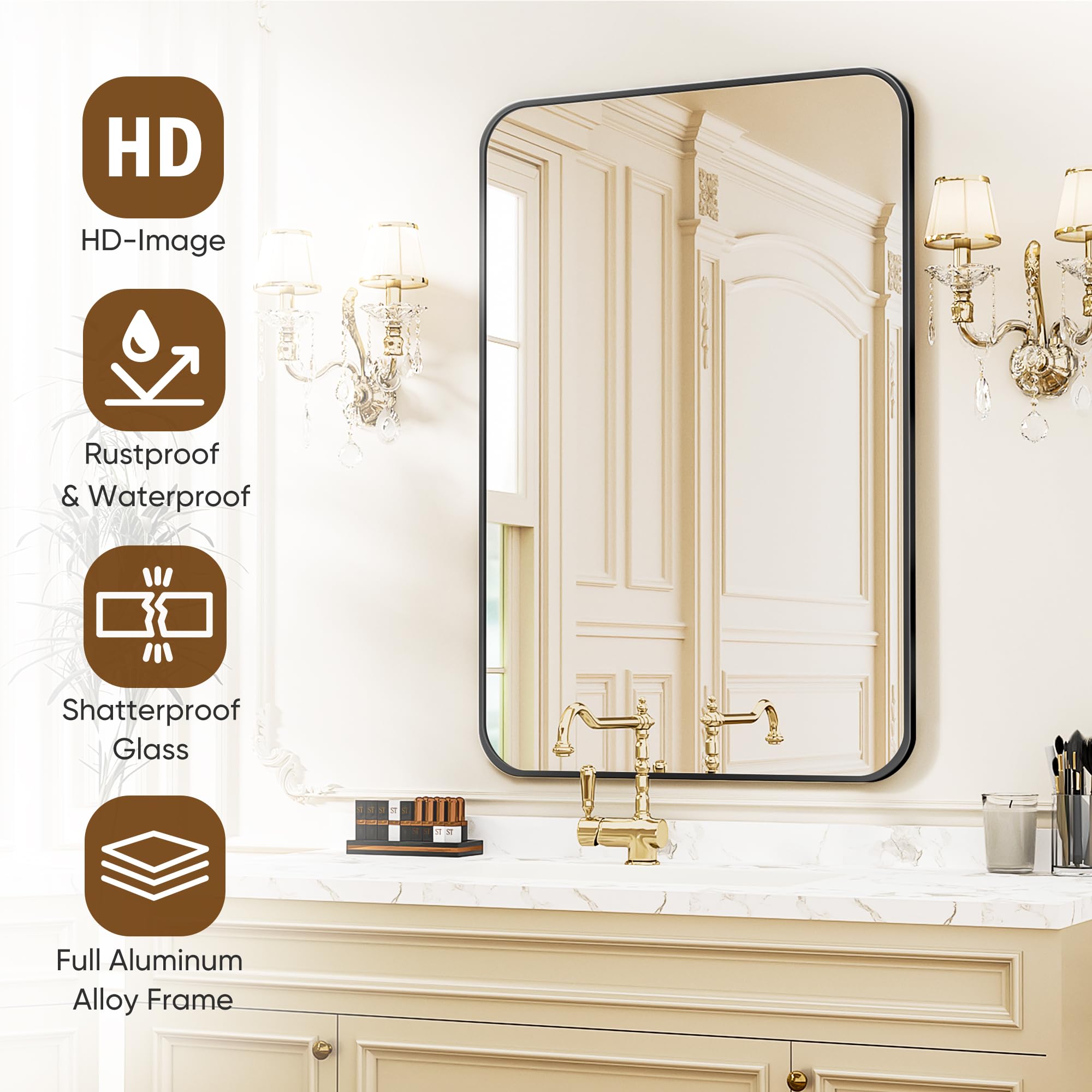 Antok mirror over bathroom vanity illustrating moisture resistance and sleek look