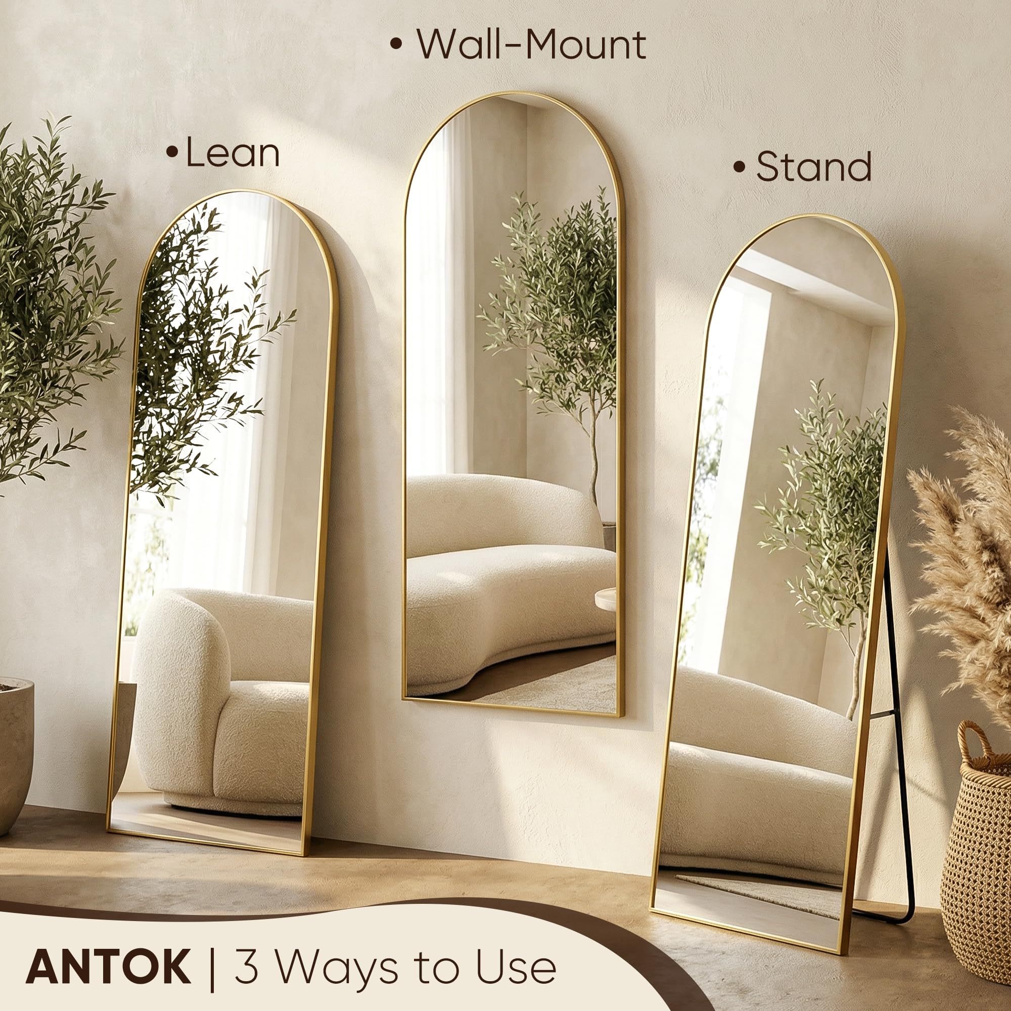 Antok mirror leaning against wall styled in living room for flexible placement