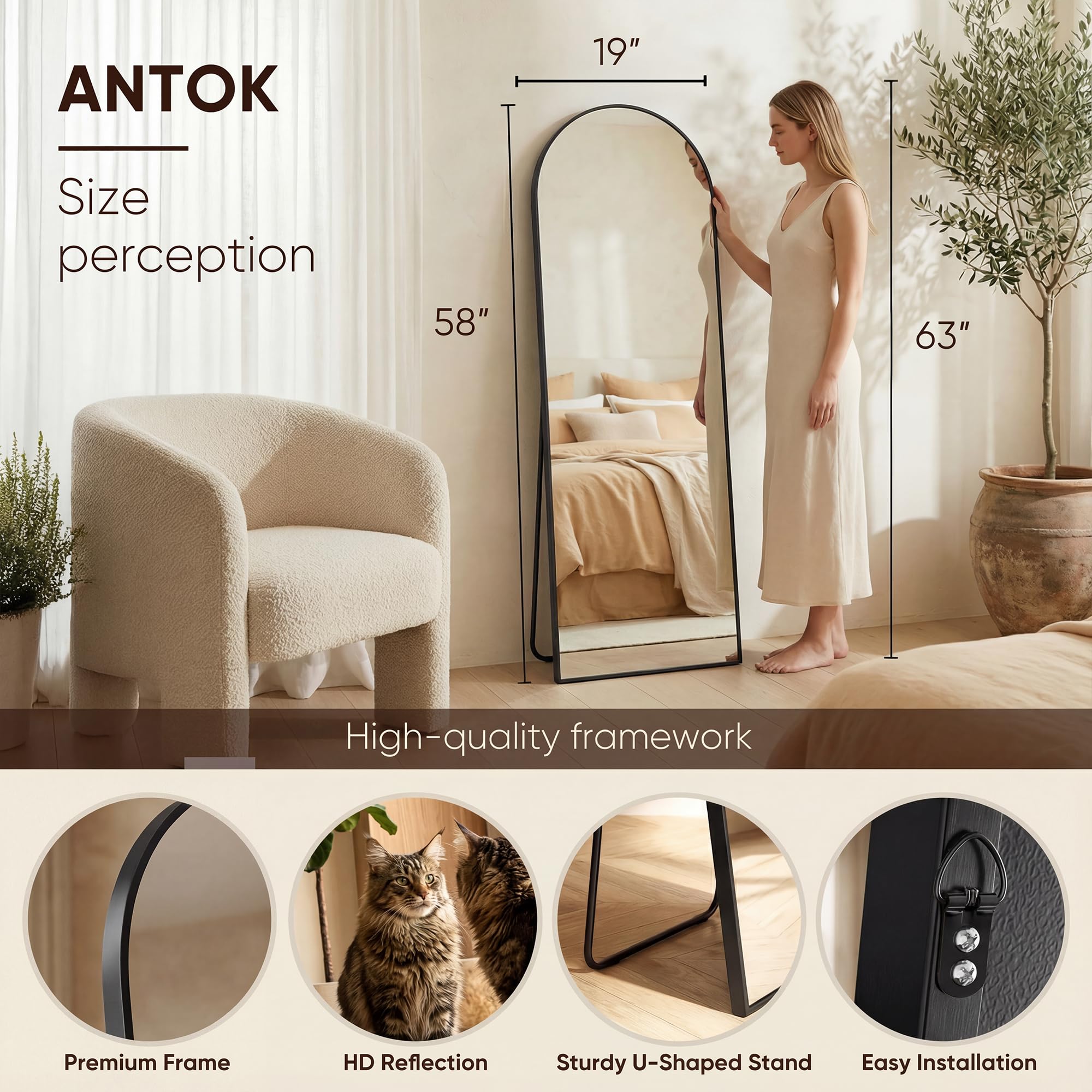 Antok mirror styled in bedroom enhancing light and full outfit checks