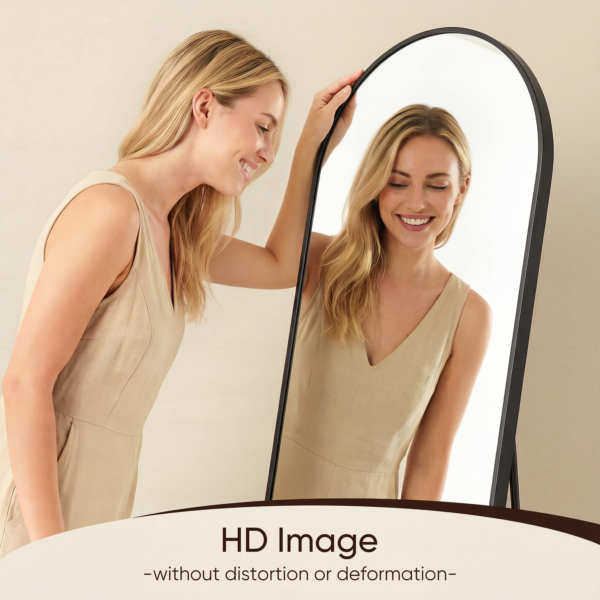 Antok mirror leaning in styled bedroom showing how it brightens space and displays outfits benefit