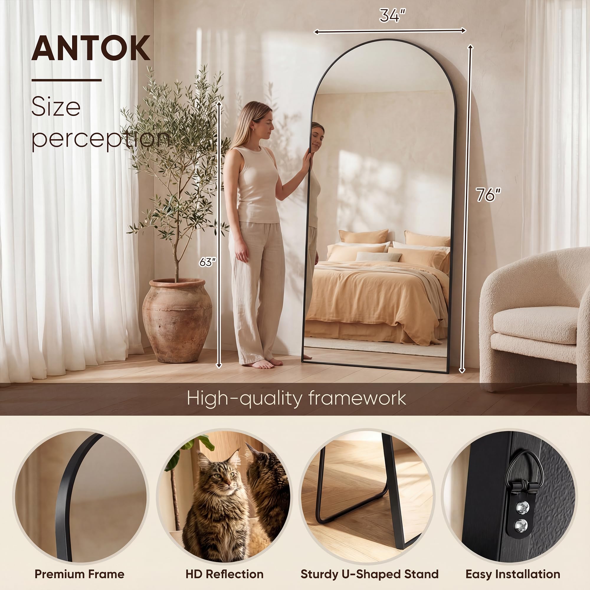 Antok floor mirror with stand attached side profile for stable freestanding use