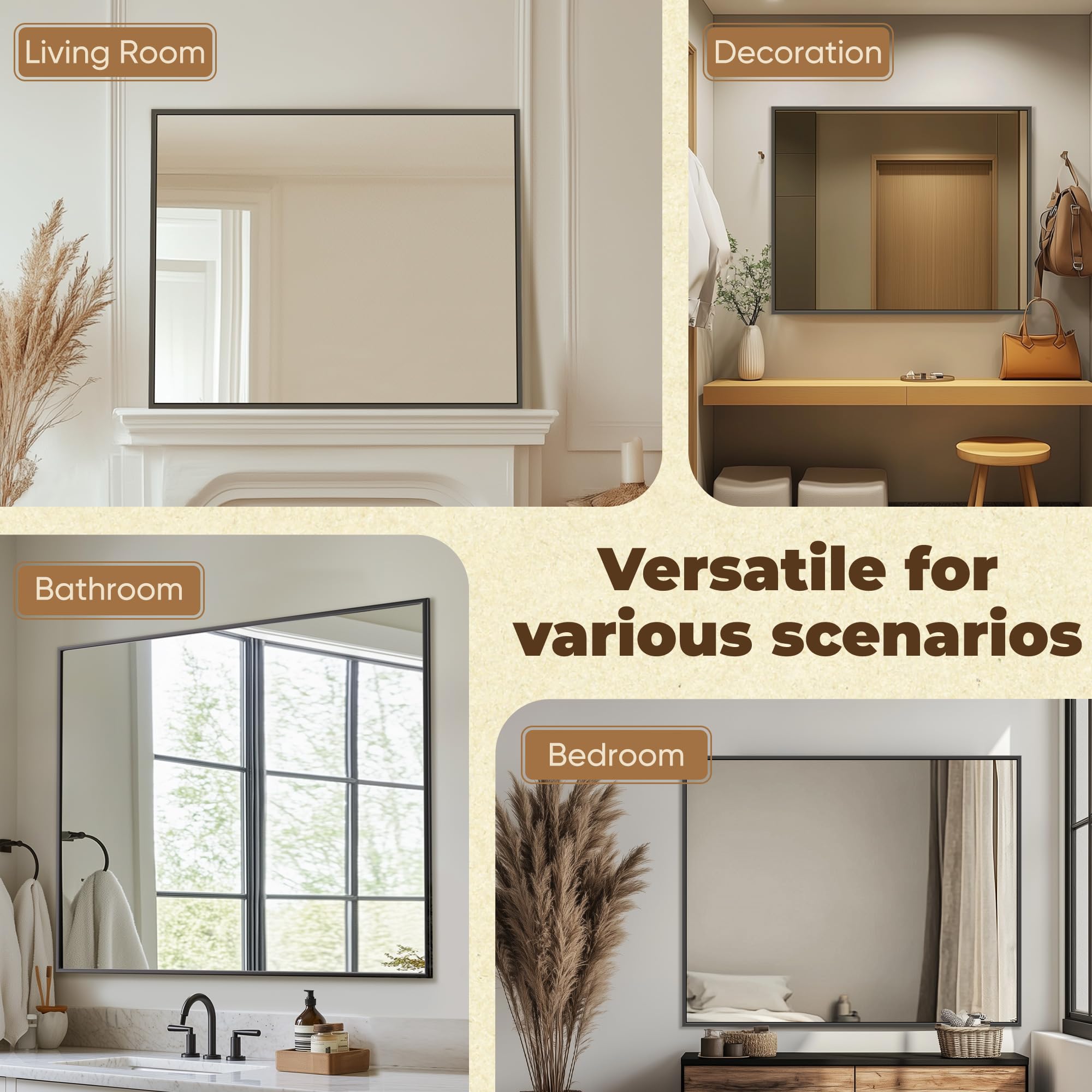 Antok mirror installed horizontally over sink showing included hardware and tidy fit