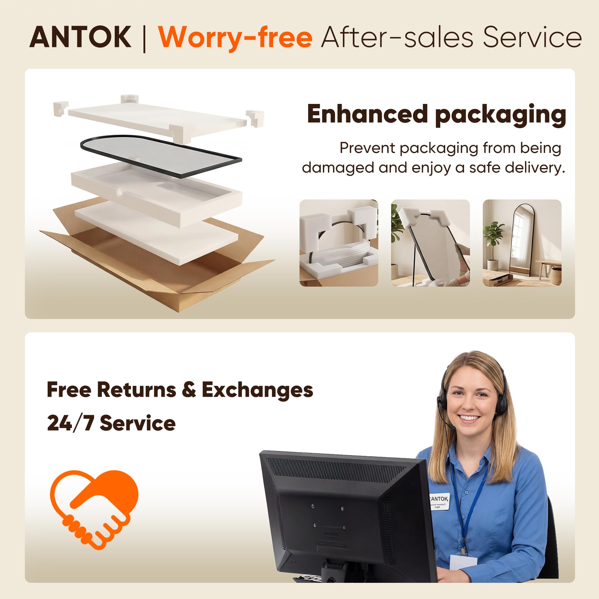 Antok mirror secure packaging and unboxing illustrating damage-free arrival