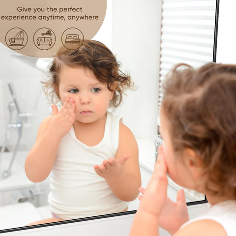 Antok mirror beside common objects showing scale and easy sizing decision