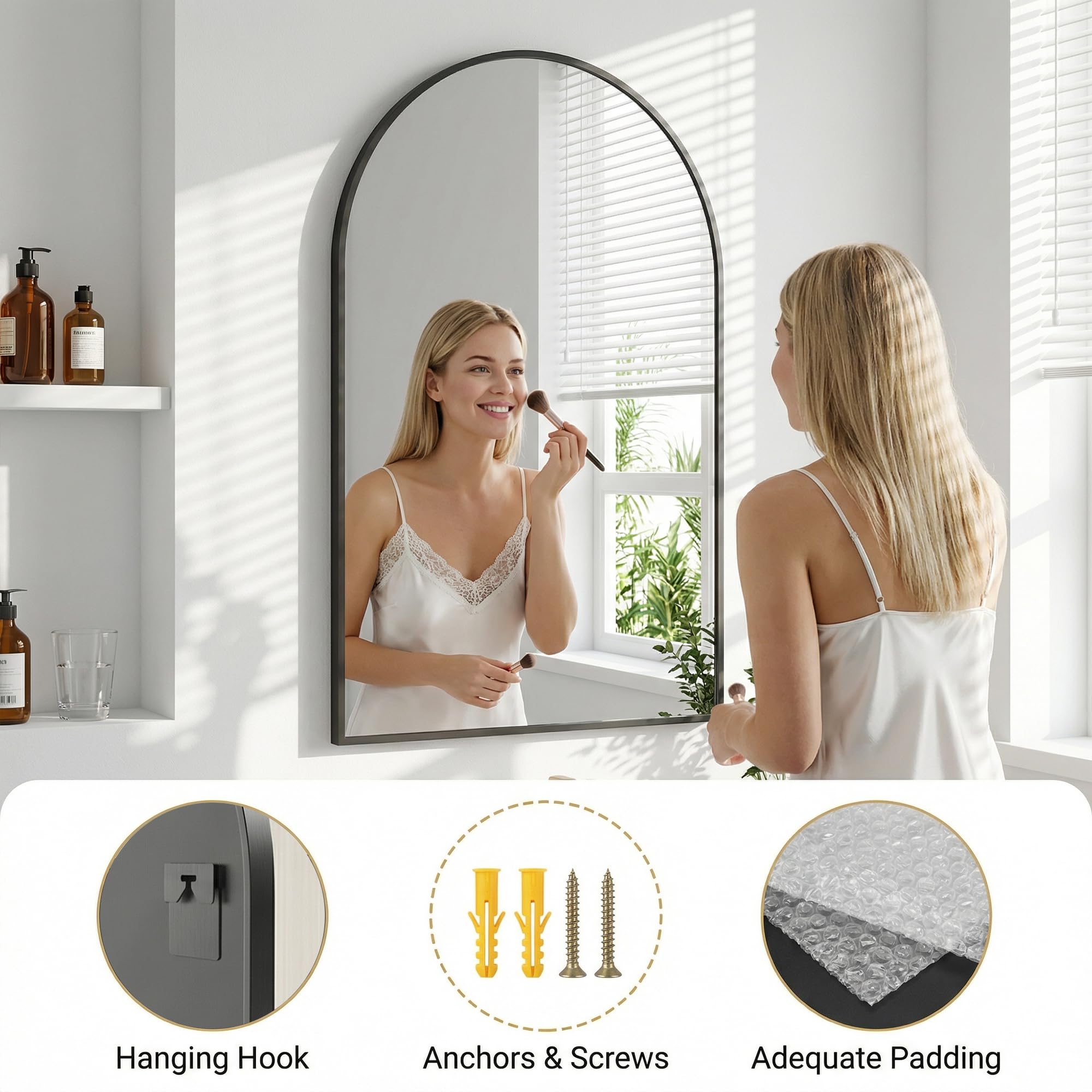 Antok mirror next to vanity showing scale and fit-for-space benefit
