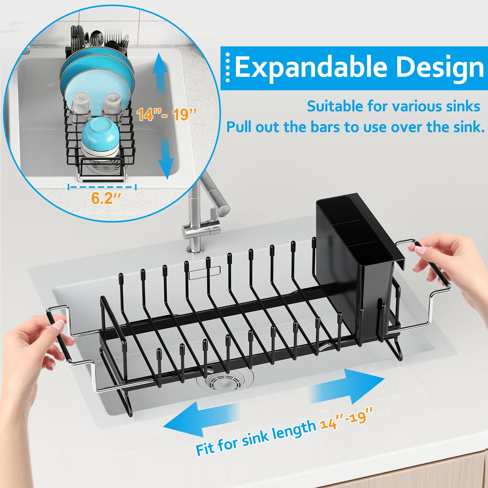 ANTOPY detachable cutlery holder detail showing drainage holes and organized drying benefit