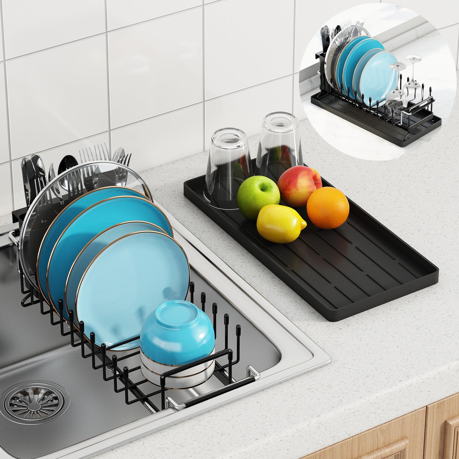 ANTOPY front view of compact expandable sink dish rack showing plate slots and coating benefit