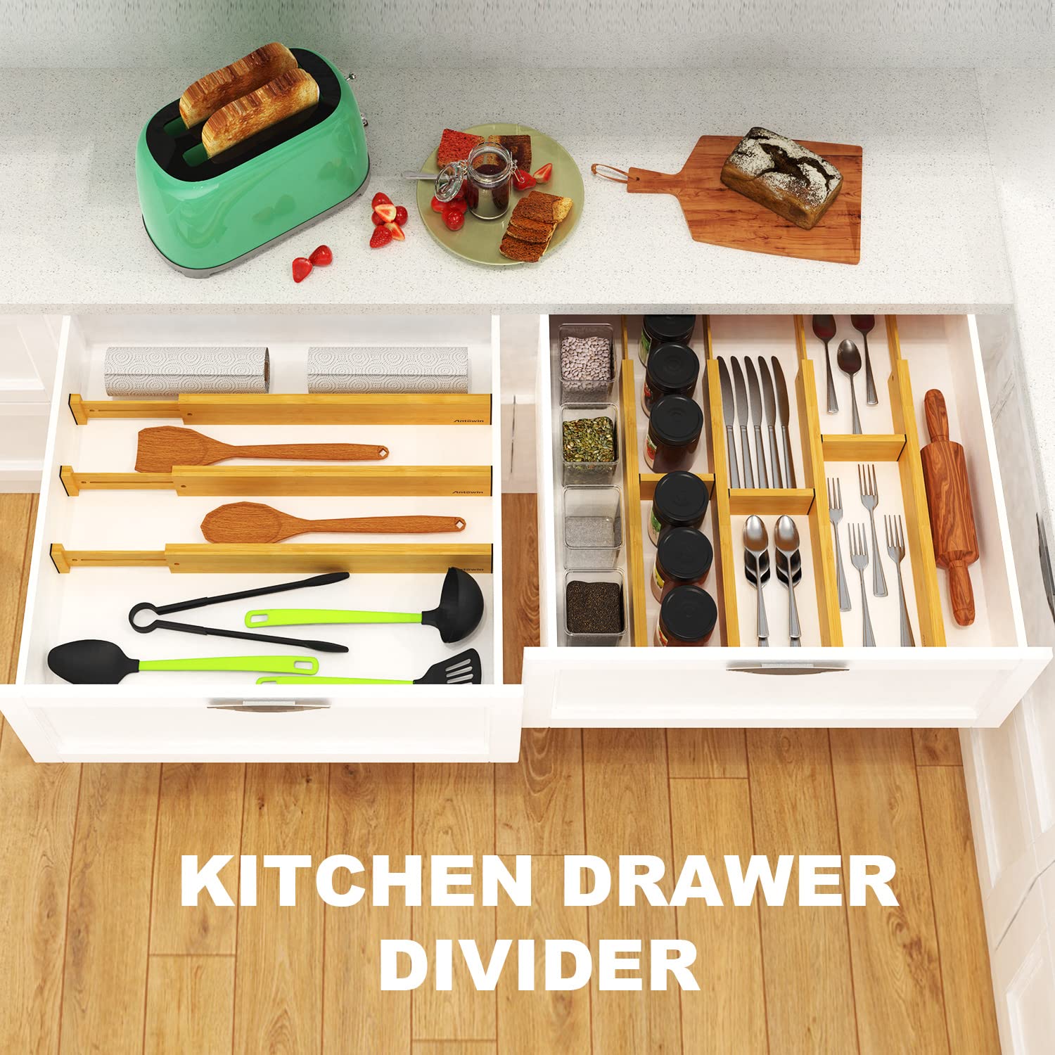 ANTOWIN dividers separating small tools and hardware in a workshop drawer