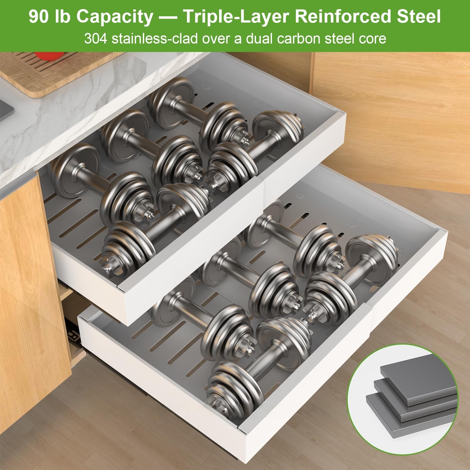 ANTOWIN drawer loaded with pots and canned goods demonstrating heavy-duty capacity