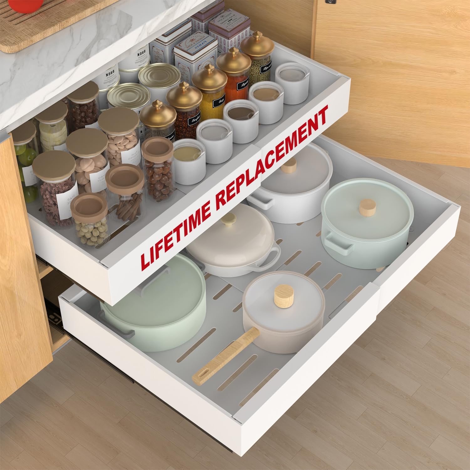 ANTOWIN front view installed in kitchen cabinet showing organized storage and easy access