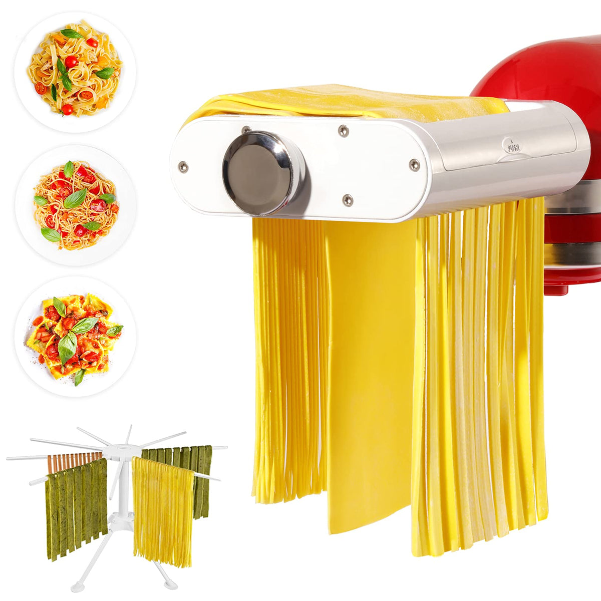 Antree front view of attachment showing compact design and included accessories for easy pasta making