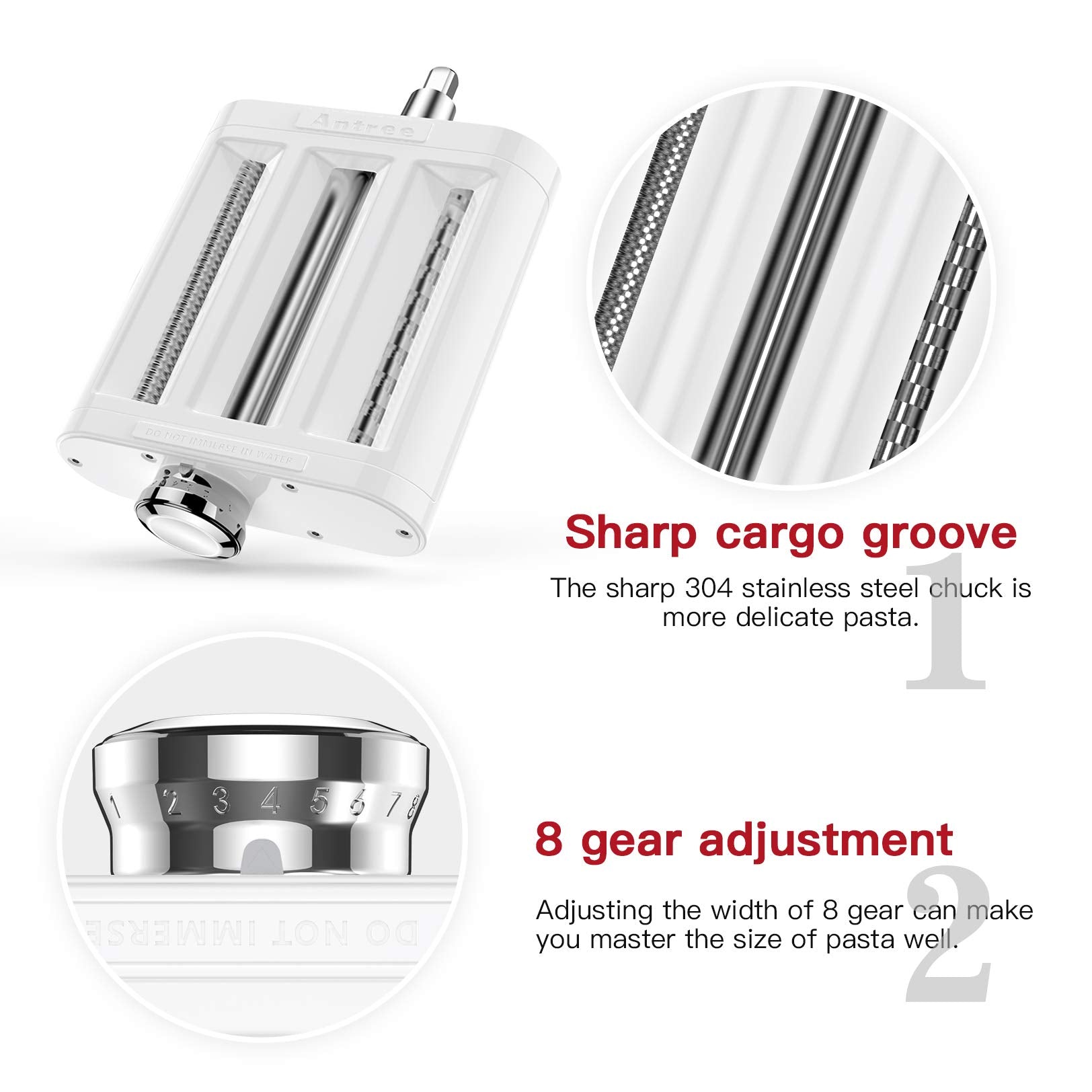 Antree stainless-steel cutters detail demonstrating sharp blades that create uniform spaghetti and fettuccine