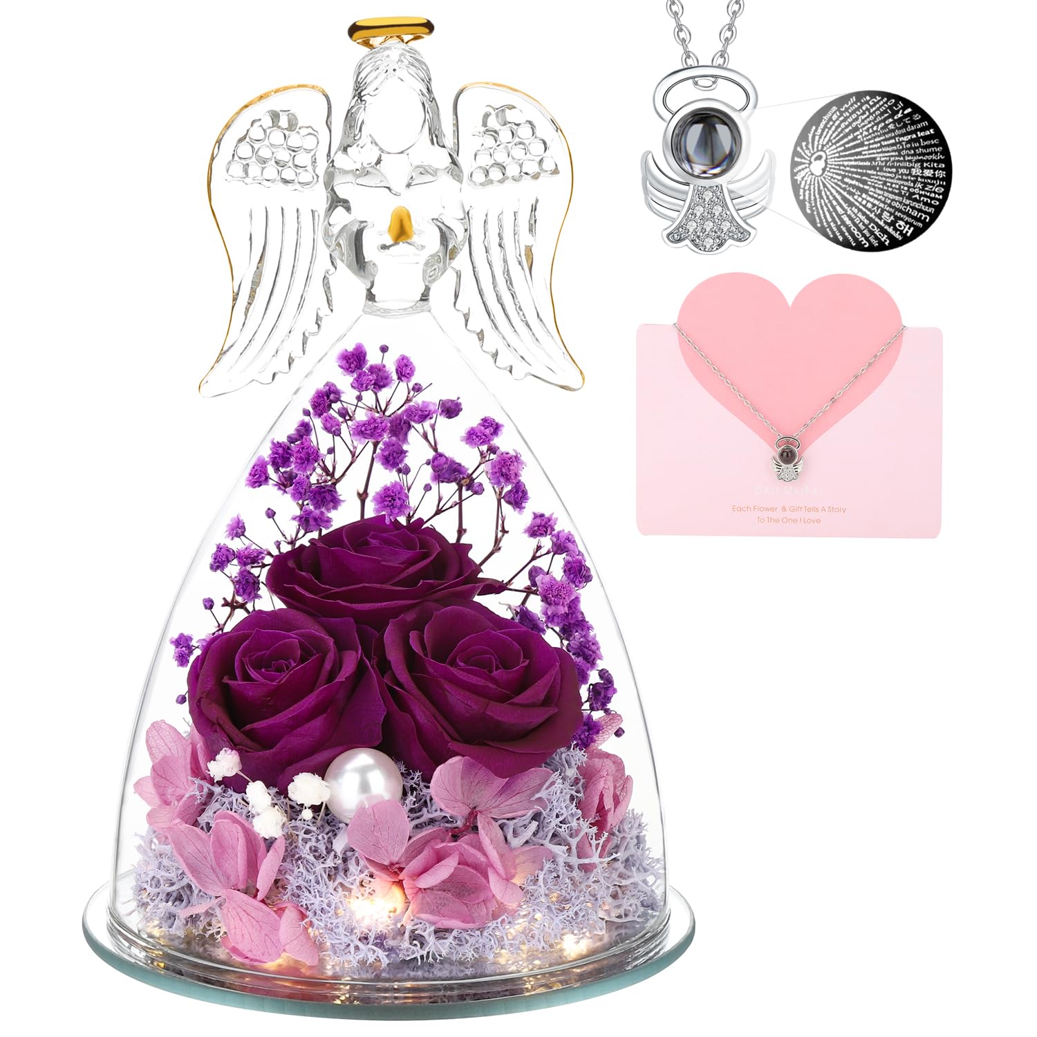 ANWEAO glass angel front view with preserved roses, elegant keepsake benefit
