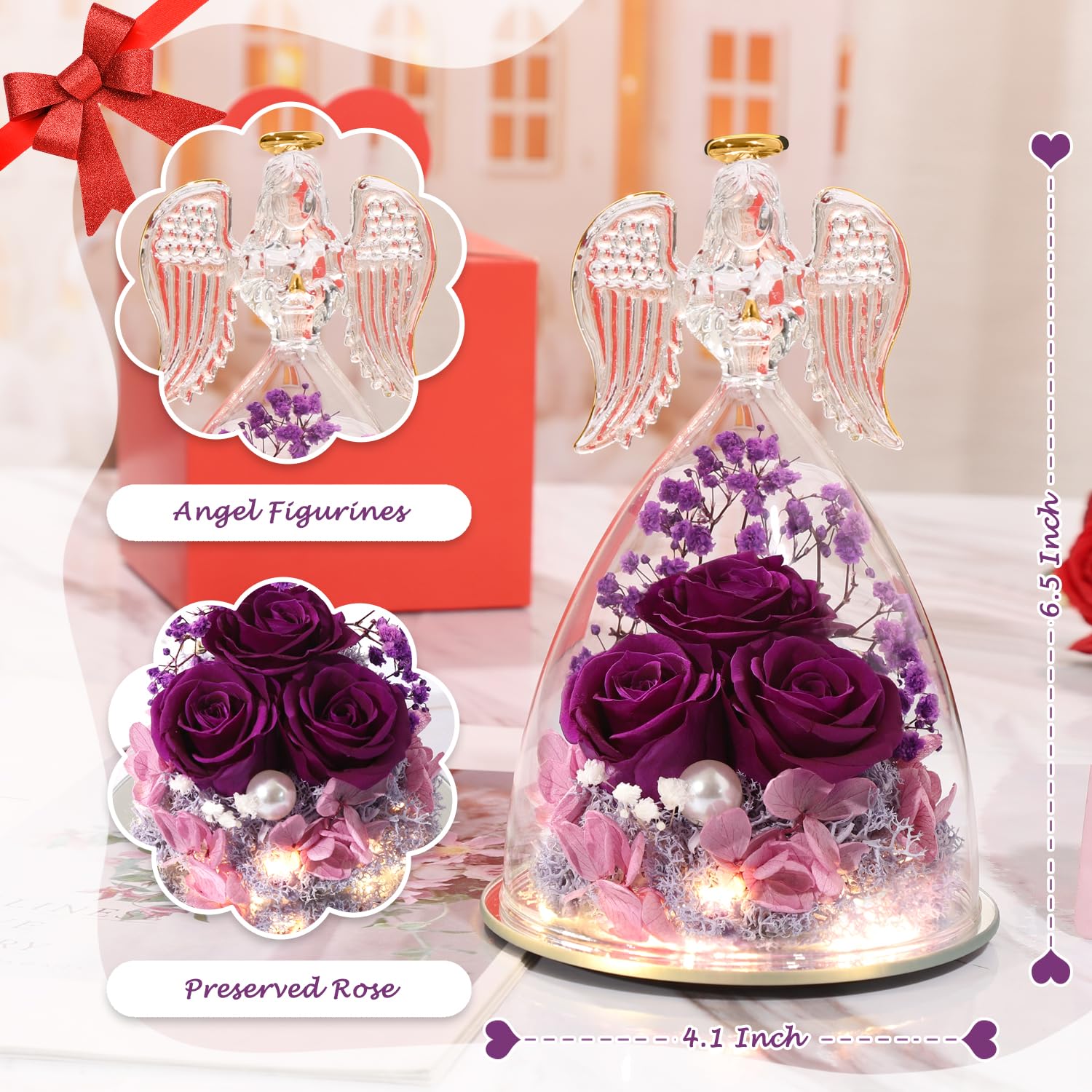 ANWEAO three purple roses close-up showing preserved texture and vivid color