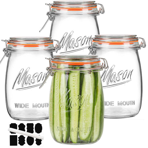Anwoi front view of four 32oz jars showing clear glass and neat organization
