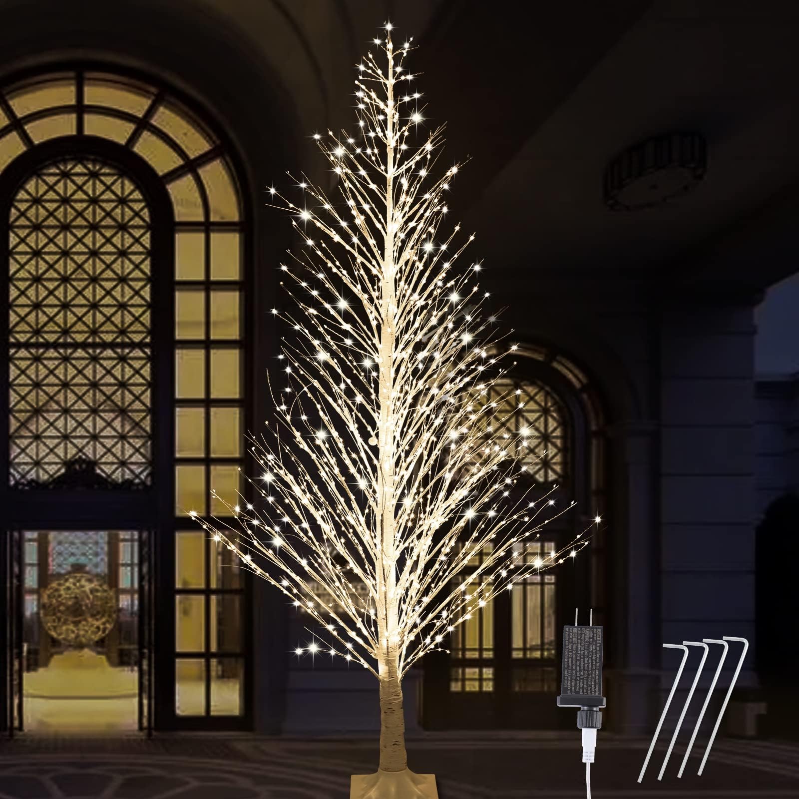 Anycosy birch tree front view showing full 7ft height and warm lights for dramatic entryway ambiance