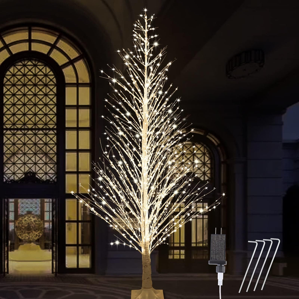 Anycosy birch tree front view showing full 7ft height and warm lights for dramatic entryway ambiance