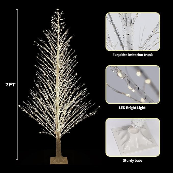 Anycosy birch tree LED close-up showing warm fairy lights and durable PVC-coated wiring for reliability