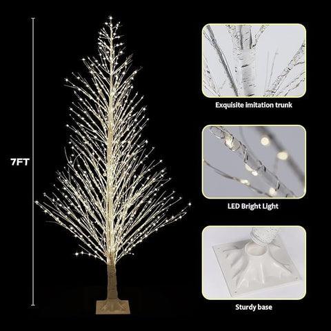 Anycosy birch tree LED close-up showing warm fairy lights and durable PVC-coated wiring for reliability