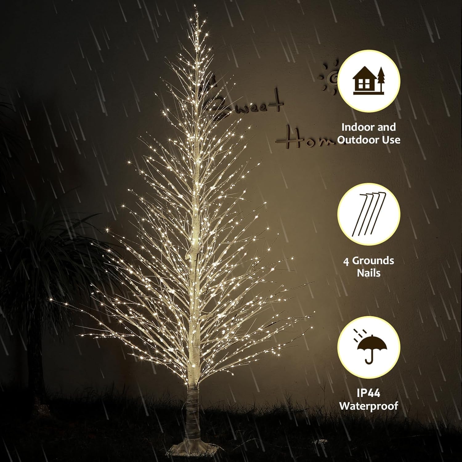 Anycosy birch tree size comparison next to a sofa illustrating 7ft scale and room-filling brightness