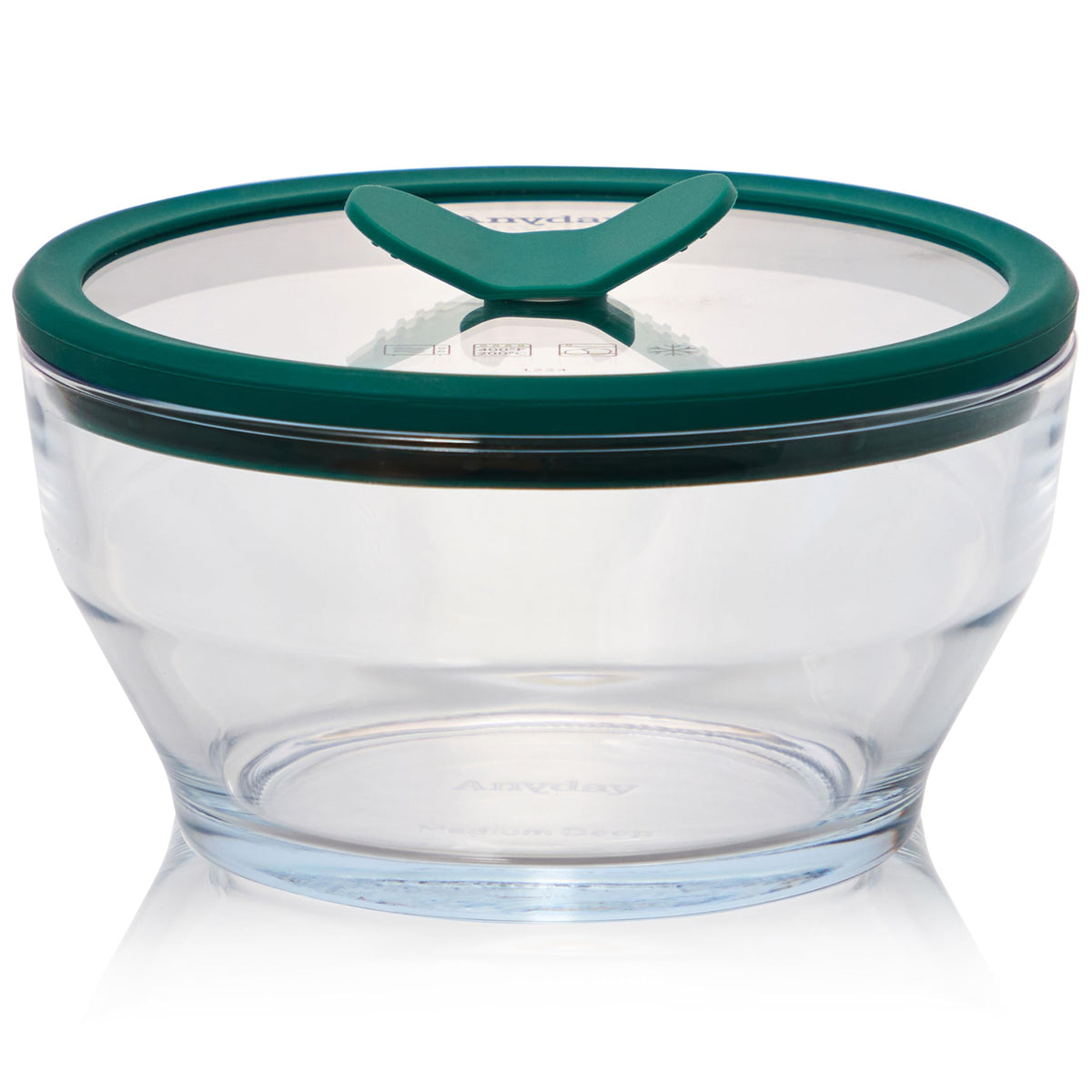 Anyday front view of 4-cup container showing clear kale finish and label benefit