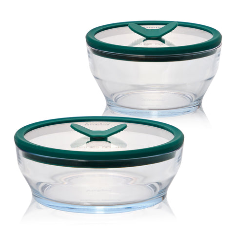 Anyday front view of 4-piece glass set showing clear bowls and lids for safe storage