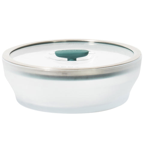 Anyday front view of kale-colored glass steamer showing bowl and lid, easy serving
