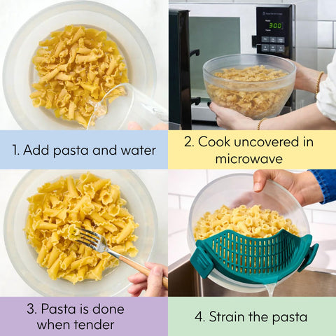 Anyday side profile with raw penne inside demonstrating capacity and convenience