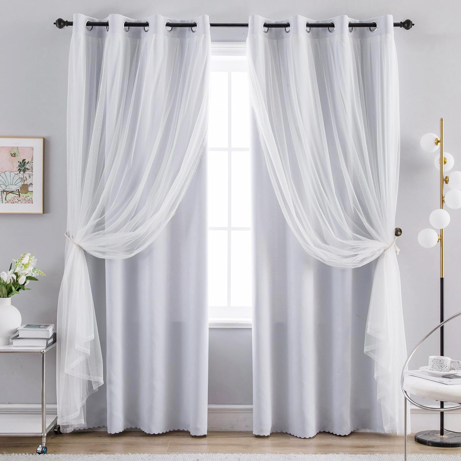 Anytime front-facing panels in greyish white showing elegant drape and privacy benefit