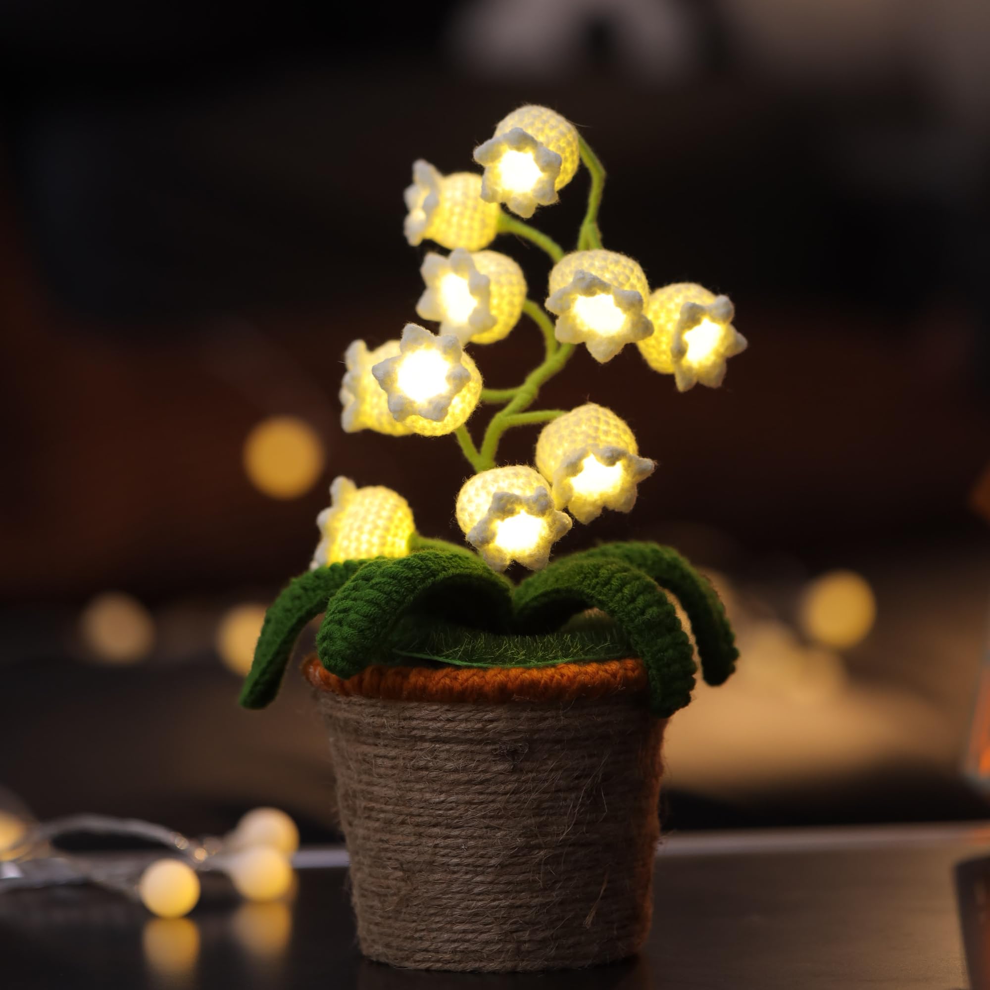ANZRLE front view showing crochet flower lamp and soft glow benefit