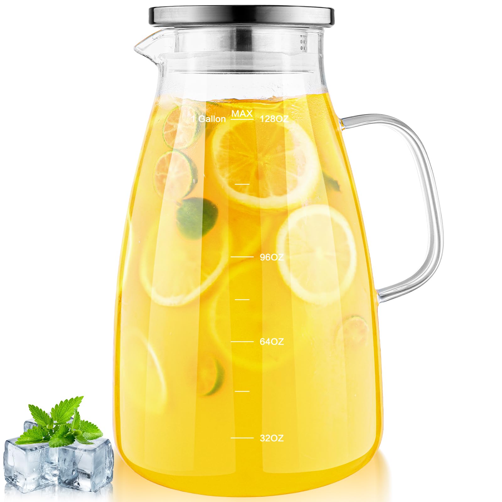 Aofmee pitcher front view showing full 1 gallon capacity and clear glass benefit