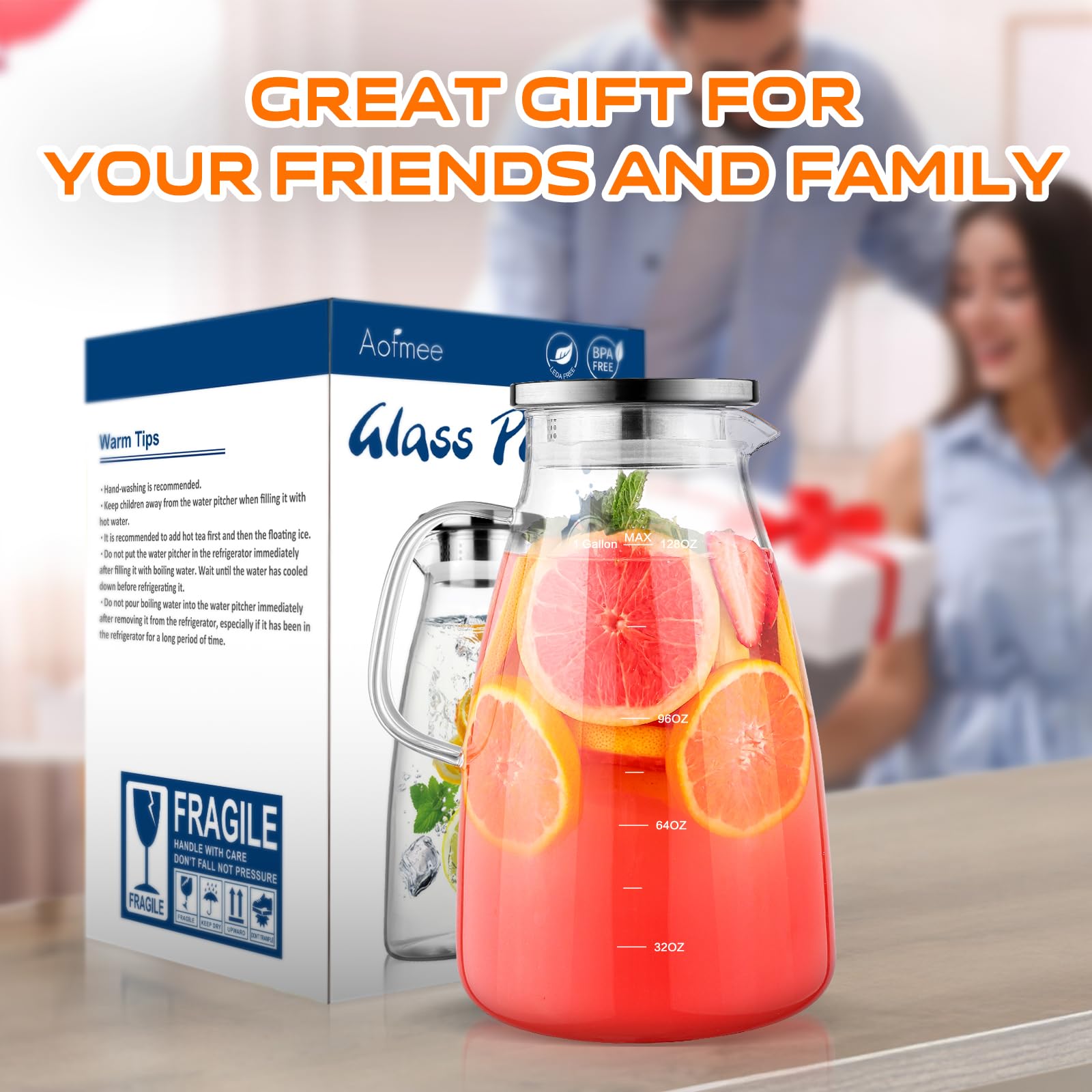 Aofmee pitcher next to water bottle to show size and serving capacity