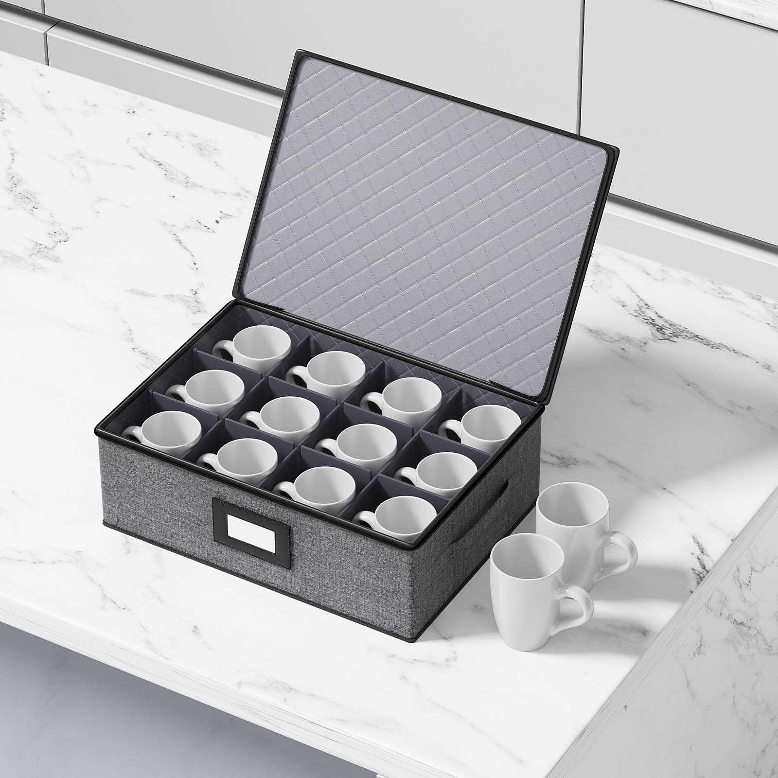 Aokeyee organizer in kitchen setting showing tidy, dust-free mug storage