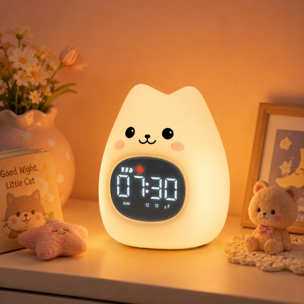 Aokpsrt cat alarm clock front view showing friendly design and clear display benefit